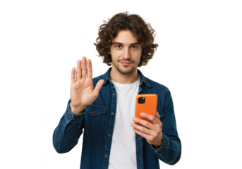 Young man with curly hair and beard holds a smartphone and raises his hand in a stop gesture, isolated on transparent background
