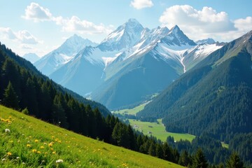 Fototapeta premium Snow-capped Fagaras peaks, verdant valleys Breathtaking Romanian alpine landscape , adventure, alpine
