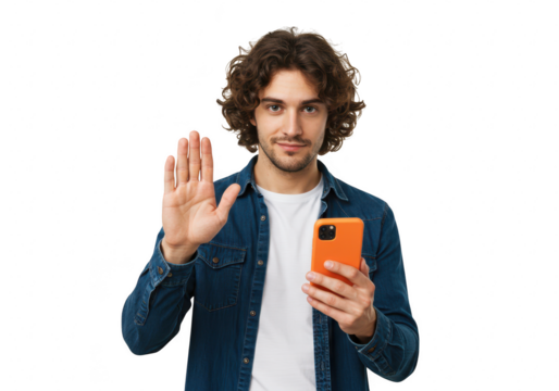 Young man with curly hair and beard holds a smartphone and raises his hand in a stop gesture, isolated on transparent background