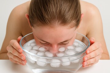 Ice face bath moment with woman dunking face into bowl of cold water, seen from above. Clean skin, fresh glow, visible ice cubes, minimal beauty routine captured in bright, refreshing light.