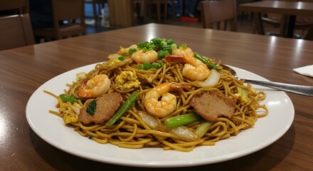 Delicious Shrimp and Pork Stir-fried Noodles Asian Cuisine Restaurant Dish