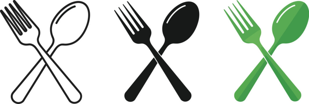 Three variations of crossed fork and spoon icons on a white background