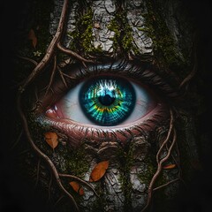 Macro shot of a decaying eye covered in lush green moss, surreal and eerie