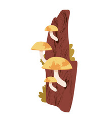 Mushrooms on a mossy forest stump. Autumn harvest, wild nature, and cozy woodland. Flat vector illustration.
