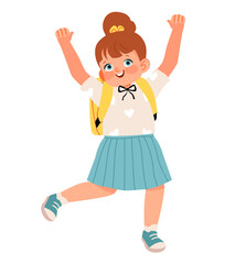 Happy schoolgirl character illustration. Back to school flat vector illustration featuring cheerful schoolchildren with backpacks. Educational content.