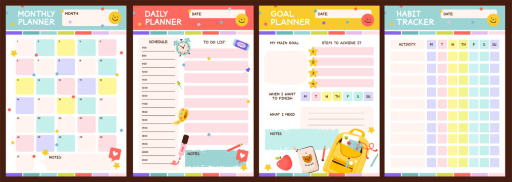Cute school planner set for students and kids. Includes daily, weekly, and monthly layouts with habit tracker, goals for students, teachers, and homeschoolers. Flat vector illustration.