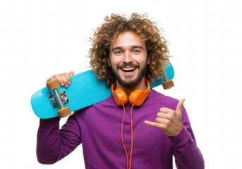 A happy man with curly hair and headphones around his neck holds a skateboard and makes a shaka sign, isolated on a transparent background
