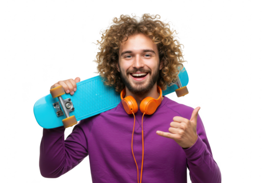 A happy man with curly hair and headphones around his neck holds a skateboard and makes a shaka sign, isolated on a transparent background