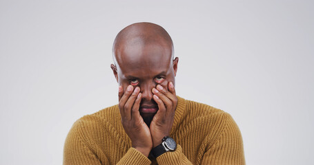 Tired, frustrated and portrait of black man in studio for mistake, annoyed and anxiety. Stress,...