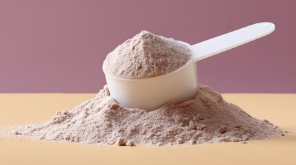Powdered Substance in White Measuring Scoop on Soft Background with Subtle Pink and Yellow Tones