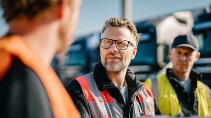Logistics coordinator looks optimistic while discussing shipment details with colleagues, appearing confident in delivery process