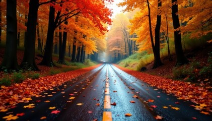 Fototapeta premium Wet asphalt road, vibrant autumn leaves falling, forest , autumn, photo