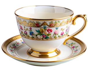 Angled view of antique porcelain teacup with ornate gold edging isolated on transparent background PNG