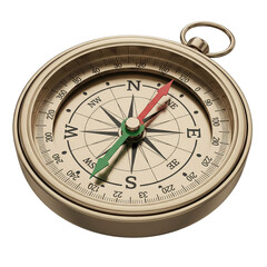 A golden compass with red and green needles pointing north and southwest, isolated on transparent background