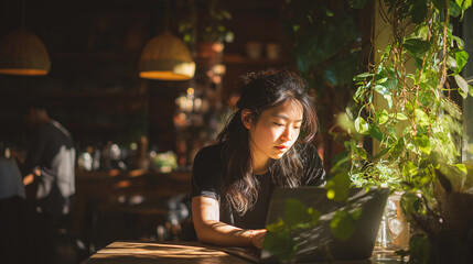 Young Asian freelance copywriter is engrossed, focusing intently while typing on laptop amid cozy ambiance, radiating concentration and diligence