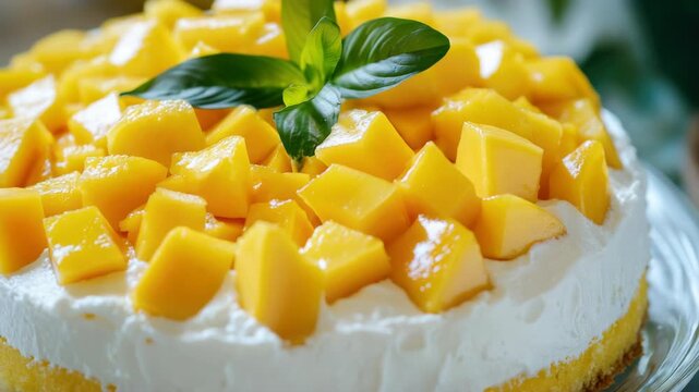 A close-up view of a delicious pineapple upside down cake topped with whipped cream and garnished with mint. Perfect for summer desserts.