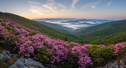 Untouched Natural Beauty of Blooming Mountain Laurel in the Blue Ridge, Rugged Slope, Spring Mist, and Expansive Drone Perspective