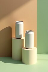 A modern, photorealistic beverage can mockup featuring two blank aluminum cans placed on cylindrical pastel-colored podiums.