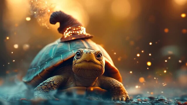 A charming turtle adorned with a wizard hat, emanating a magical ambiance with sparkling lights, makes for a whimsical, fantasy creature.