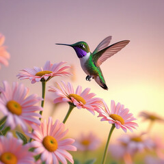 Fototapeta premium Hummingbird hovering among pink daisies in soft sunset light. 