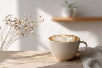 Delicious latte art in a cozy coffee shop setting with natural light