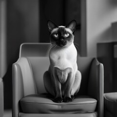 Elegant Siamese Cat Posing Gracefully on Modern Armchair in Minimal Living Room