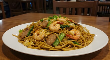 Delicious Stir-fried Noodles with Shrimp and Pork, Restaurant Dish