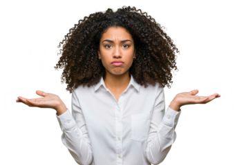 A young woman with curly hair shrugs with her hands open, expressing confusion or indifference isolated on transparent background