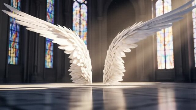 Angelic Wings Flapping in a Church with Stained Glass Windows and Sunlight