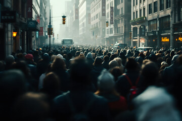 Anonymous Crowd of People Walking in City Dense Population in Mist