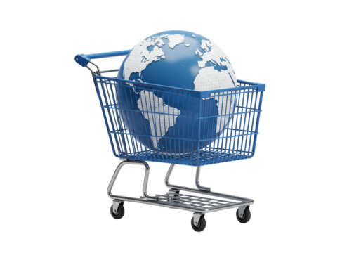 Isolated World Globe in Shopping Cart Symbolizing Global Commerce