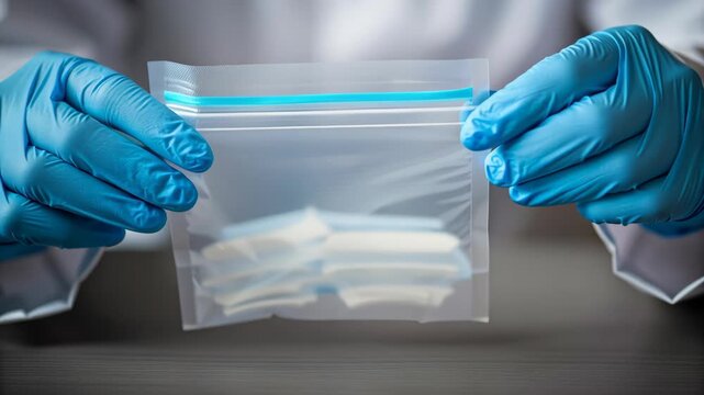 Blue Gloves Ensure Safety and Hygiene While Handling Pills in Transparent Plastic Bag for Healthcare and Medication Needs