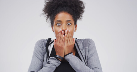 Surprise, scared and portrait of woman in studio for bad news, announcement or omg. Face...