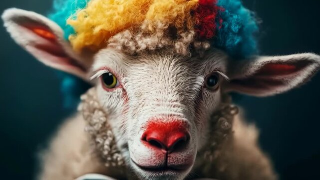 A colorful sheep with a clown wig and red nose licks its chops, creating a whimsical, slightly absurd animal portrait.