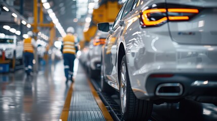 Busy factory interior with workers assembling modern cars in safety gear.