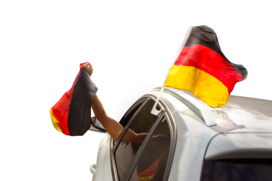 Fan with German flag celebrating in car on transparent background - Powered by Adobe