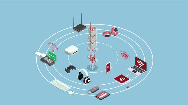 Isometric wireless network communication with connected devices around a signal tower 3d animation cartoon