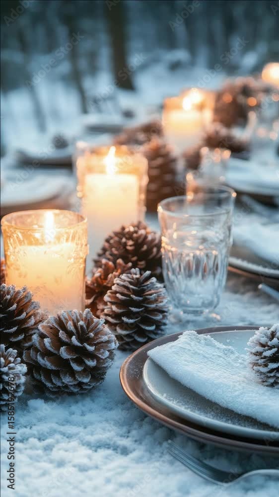Aufkleber a table with a white tablecloth and a candle in the middle. there are pine cones on the table and a 