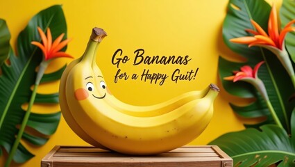 Two bananas with a happy expression on a yellow background.