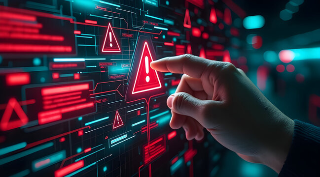 Human finger touches a glowing red warning triangle on a futuristic digital interface with abstract data streams and circuit board patterns - Powered by Adobe