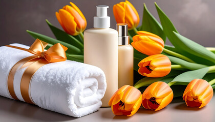 Spa Skincare Products with Orange Tulips and towels, cellulite treatment concept