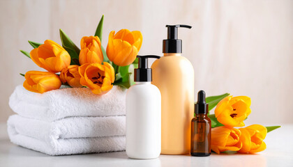 Spa Skincare Products with Orange Tulips and towels, cellulite treatment concept