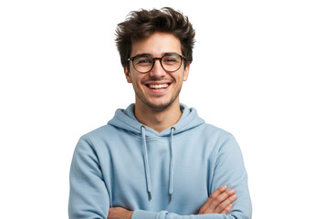 A happy young man with glasses wearing a blue hoodie, smiling with arms crossed, isolated on transparent background