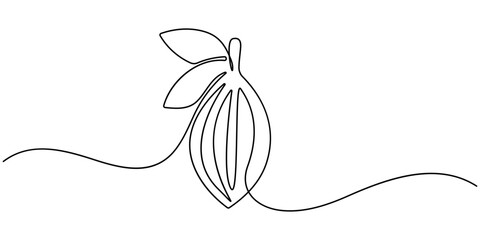 Continuous one line colorful cacao beans branch with leaves isolated on white background. Simple vegetable silhouette. Hand drawn cacao beans branch outline. Vector illustration. 