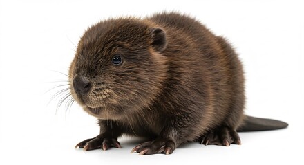愛らしいビーバーの子、白い背景で輝く毛並みが美しい. AI Generated