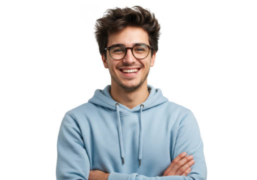 A happy young man with glasses wearing a blue hoodie, smiling with arms crossed, isolated on transparent background