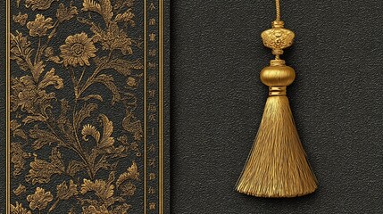 Dark gray background with gold floral pattern and tassel