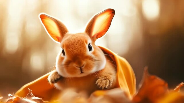 A cute baby bunny, swathed in a golden blanket of autumn leaves, peeks out with bright eyes, epitomizing autumn's charm and innocence.