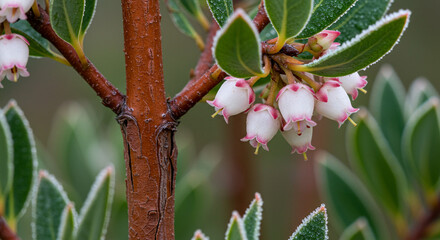 Frosty Morning Macro of Manzanita Branch with Smooth Peeling Bark, Clusters of Flowers and Pale Green Leaves, Captured in Soft Natural Light