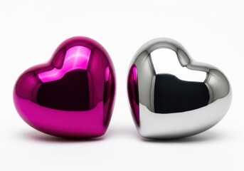 Two shiny metallic hearts, one pink one silver, isolated